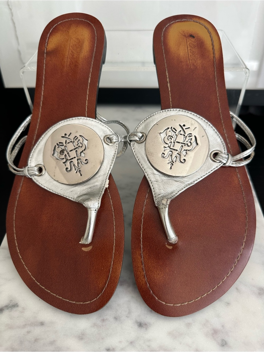 Silver Thong Sandals with Medallion Detail
